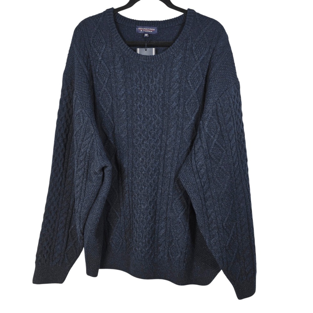 Roundtree & Yorke Mens 3XB Navy Blue Cable Knit Wool Blend Crewneck Sweater‎ NEW